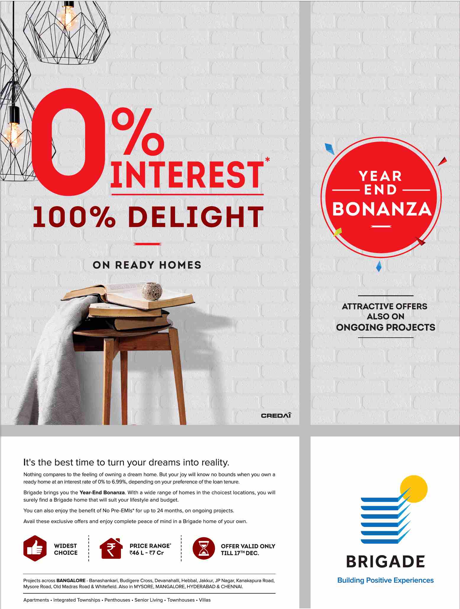 The best time to turn your dreams into reality during Year End Bonanza offer at Brigade Properties Update